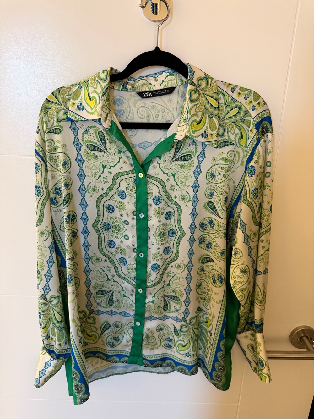 Zara Green and Blue Paisley-Print Button-Down Shirt